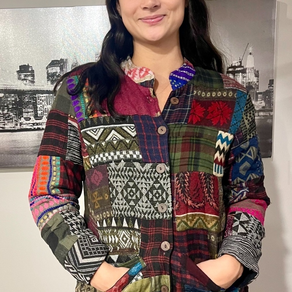 New SACRED THREADS fleece jacket coat patchwork S/M - Picture 2 of 4
